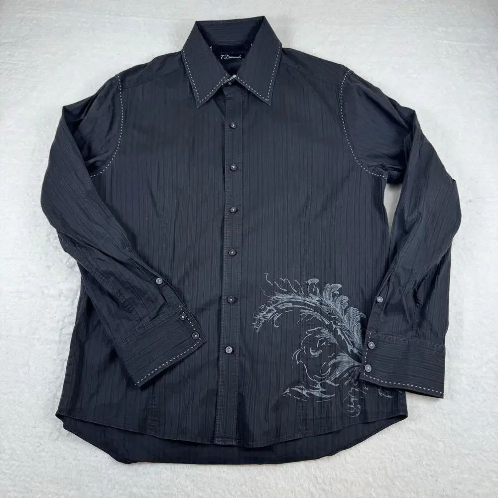 7 Diamonds Shirt Mens Size L Black Striped Graphic Long Sleeve Button Up Casual